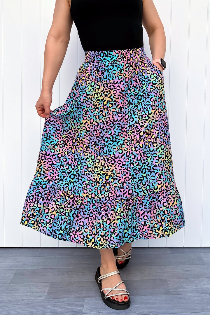 Zinnia Midi Skirt - Vivid Leopard - Pockets