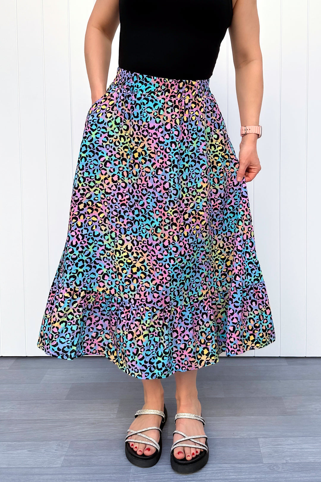 Zinnia Midi Skirt - Vivid Leopard - Pockets