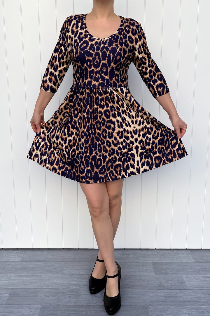 Fierce Leopard - Mini Dress - 3/4 Sleeve - Pockets