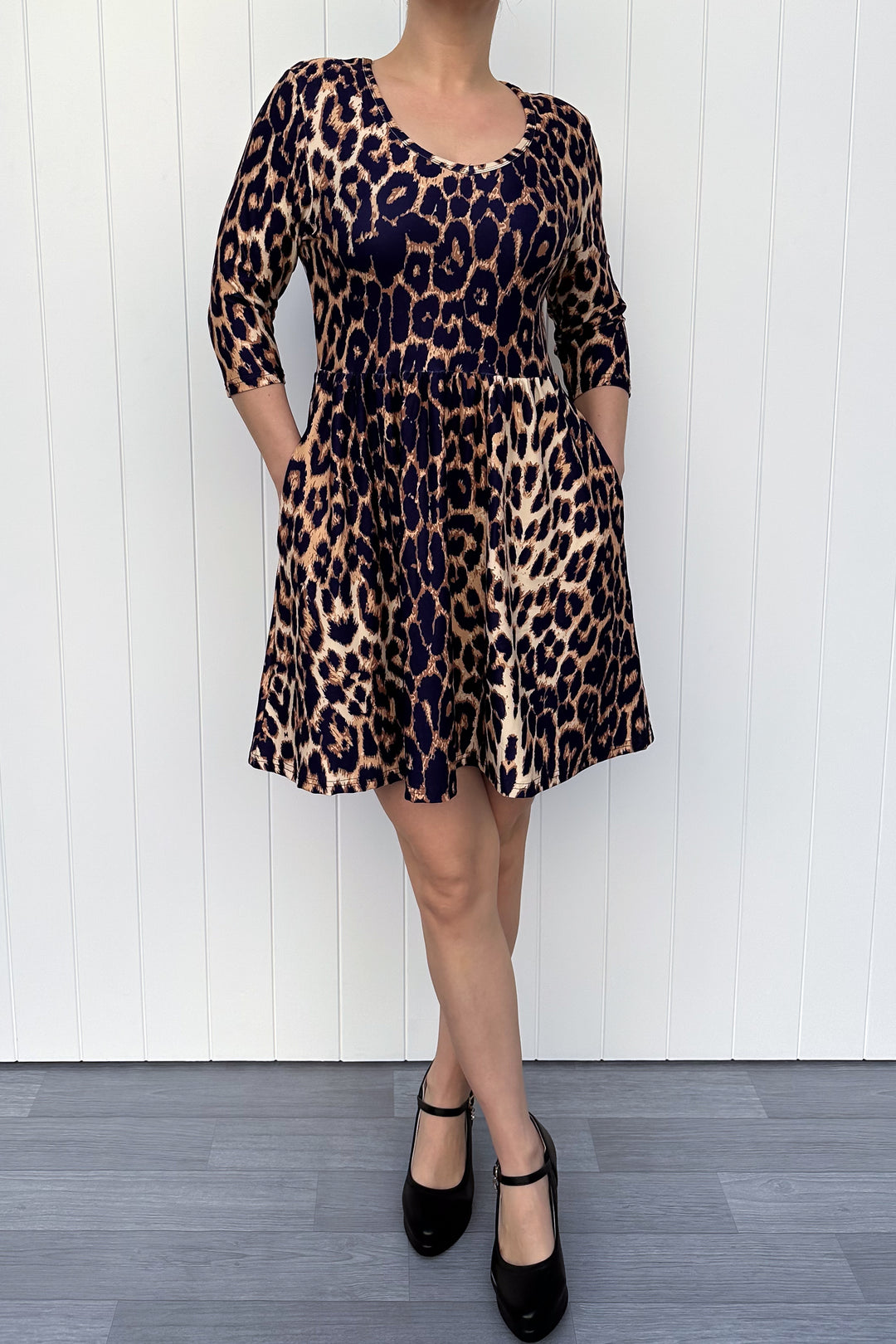 Fierce Leopard - Mini Dress - 3/4 Sleeve - Pockets