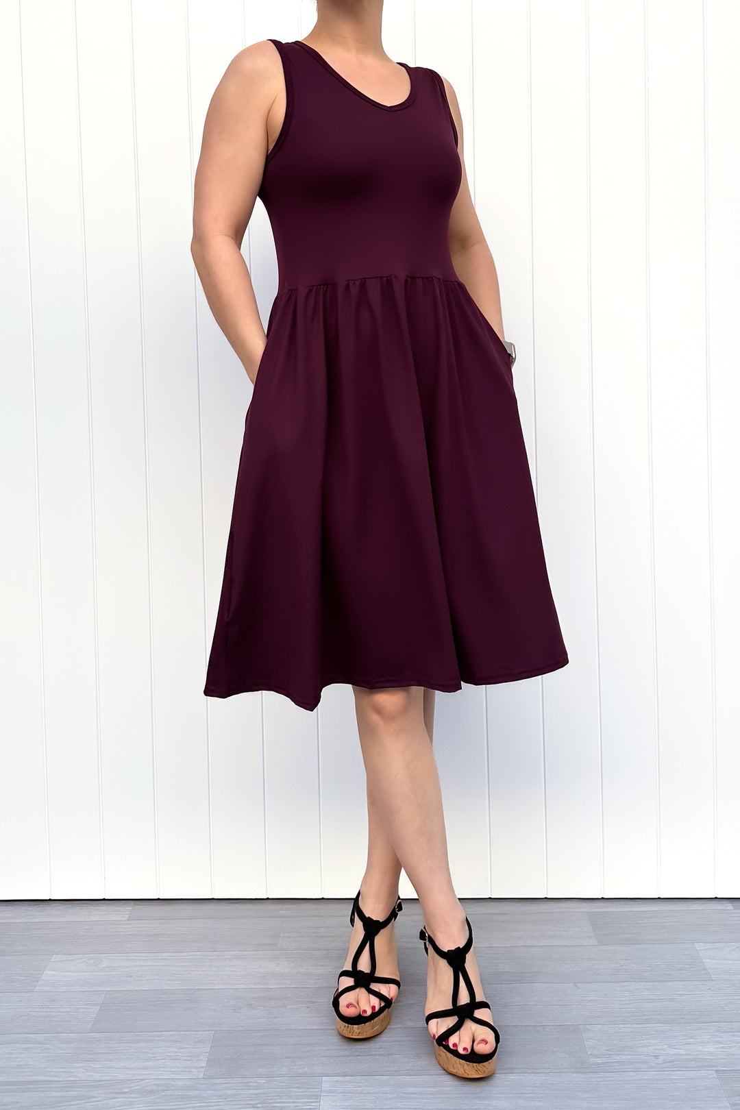 Plum - Sleeveless Knee Length Dress - Side Pockets