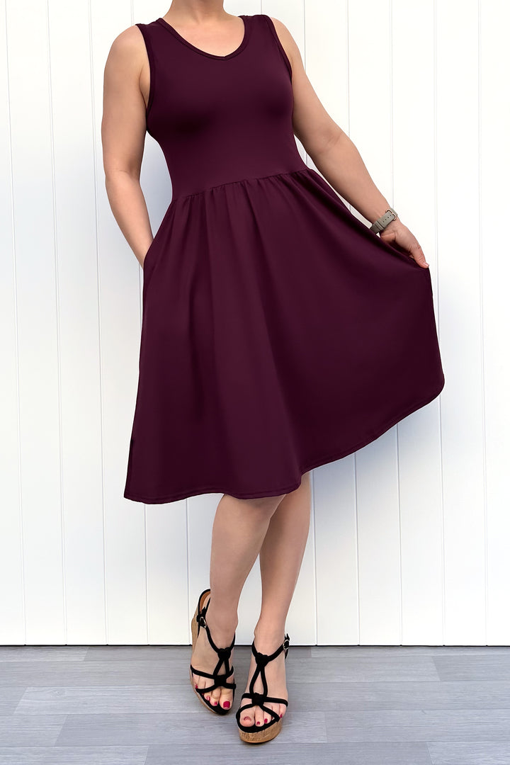 Plum - Sleeveless Knee Length Dress - Side Pockets