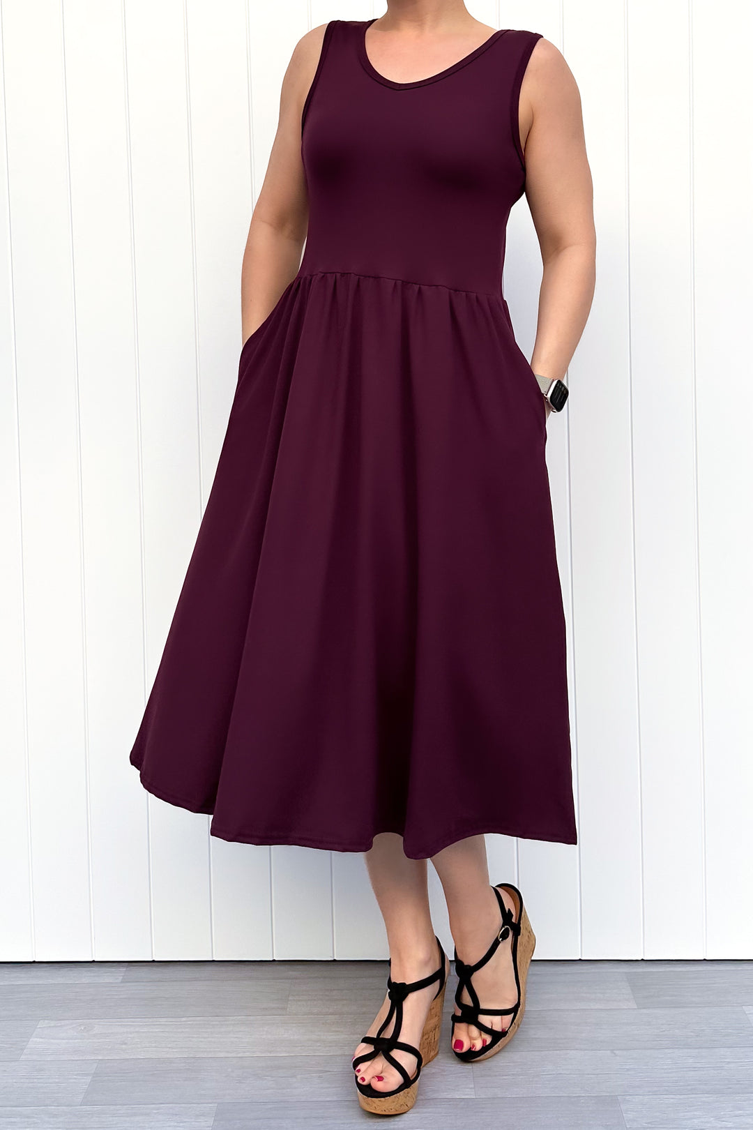 Plum - Sleeveless Midi Dress - Pockets