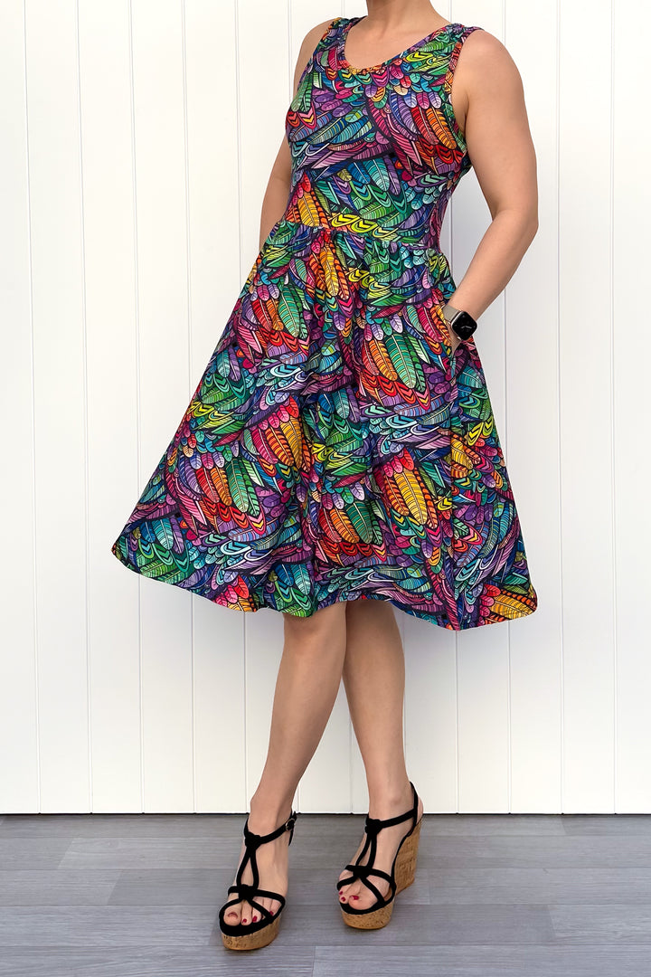 Feather Wild - Sleeveless Knee Length Dress - Side Pockets