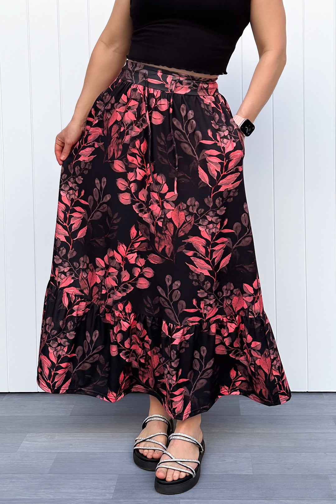 Selene Maxi Skirt - Vintage Watercolour Leaves - Pockets