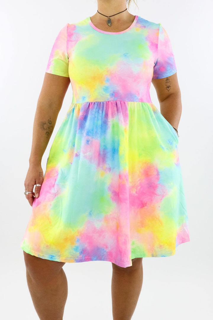 Fairy Floss - Short Sleeve Skater Dress - Knee Length - Side Pockets Knee Length Skater Dress Pawlie   