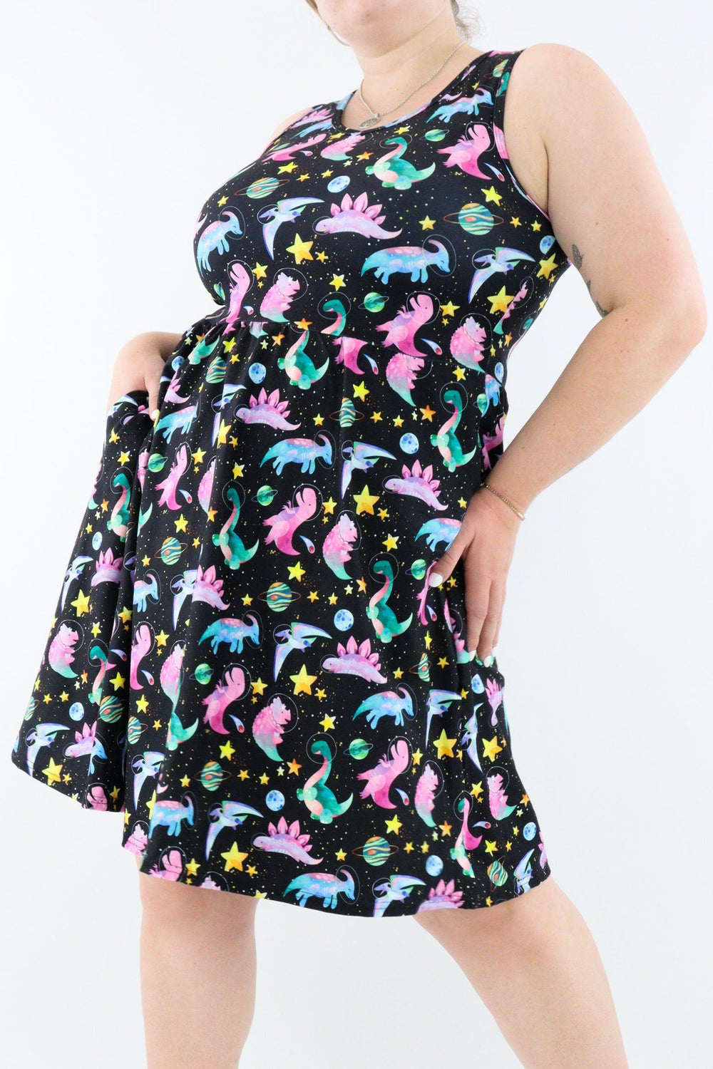 Space Dinosaurs - Sleeveless Skater Dress - Knee Length - Side Pockets - Pawlie