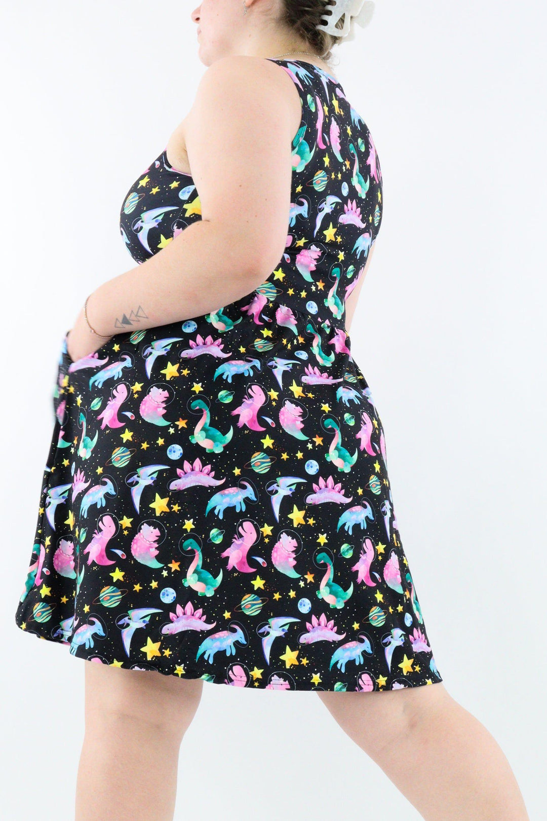 Space Dinosaurs - Sleeveless Skater Dress - Knee Length - Side Pockets - Pawlie