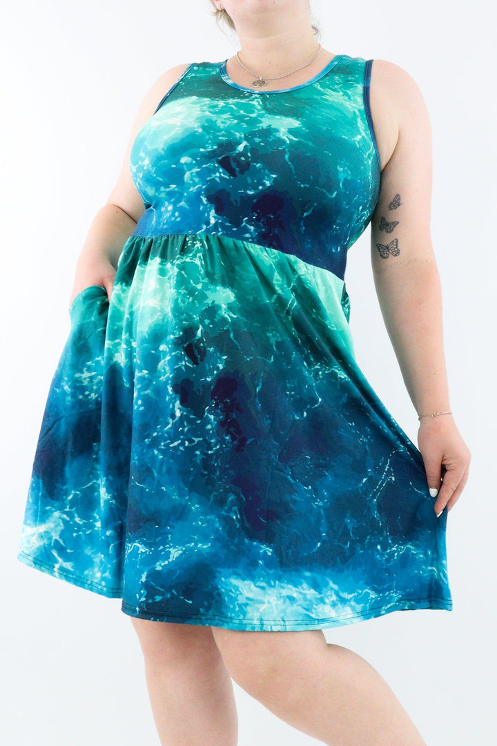 Powerful Ocean - Sleeveless Skater Dress - Knee Length - Side Pockets - Pawlie