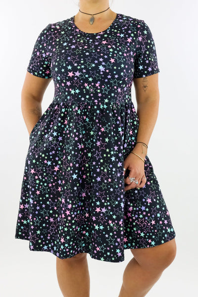 Neon Stars - Short Sleeve Skater Dress - Knee Length - Side Pockets Knee Length Skater Dress Pawlie   