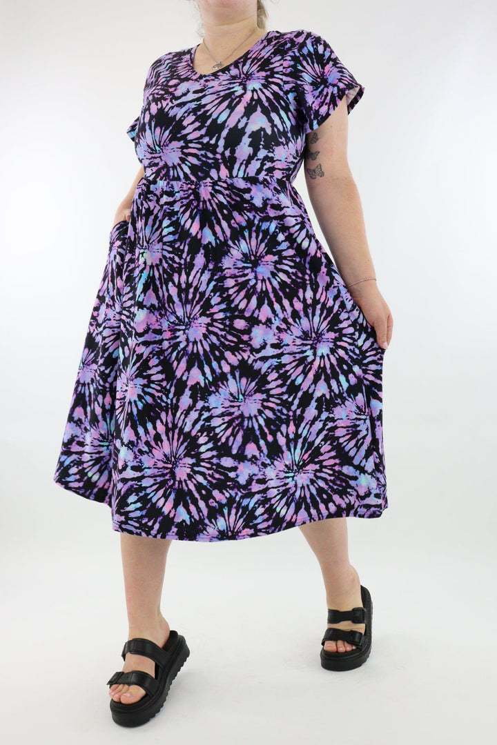 Iridescent Purple Tie Dye - A-Line Dress - Midi Length - Side Pockets - Pawlie