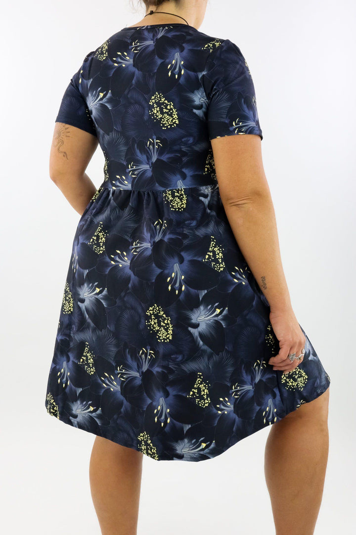 Dark Flowers - Short Sleeve Skater Dress - Knee Length - Side Pockets Knee Length Skater Dress Pawlie   