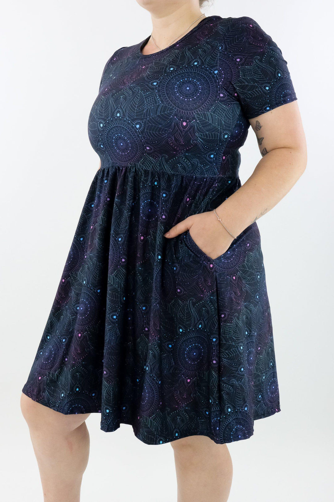 Holographic Mandala - Short Sleeve Skater Dress - Knee Length - Side Pockets Knee Length Skater Dress Pawlie   