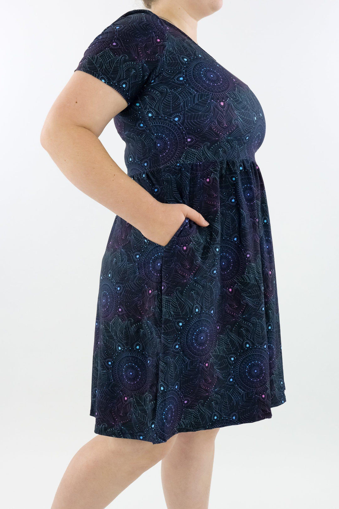 Holographic Mandala - Short Sleeve Skater Dress - Knee Length - Side Pockets Knee Length Skater Dress Pawlie   