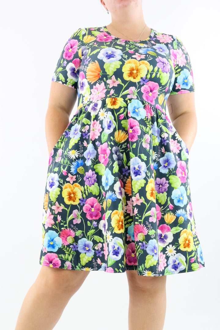 Pretty Pansy - Short Sleeve Skater Dress - Knee Length - Side Pockets - Pawlie