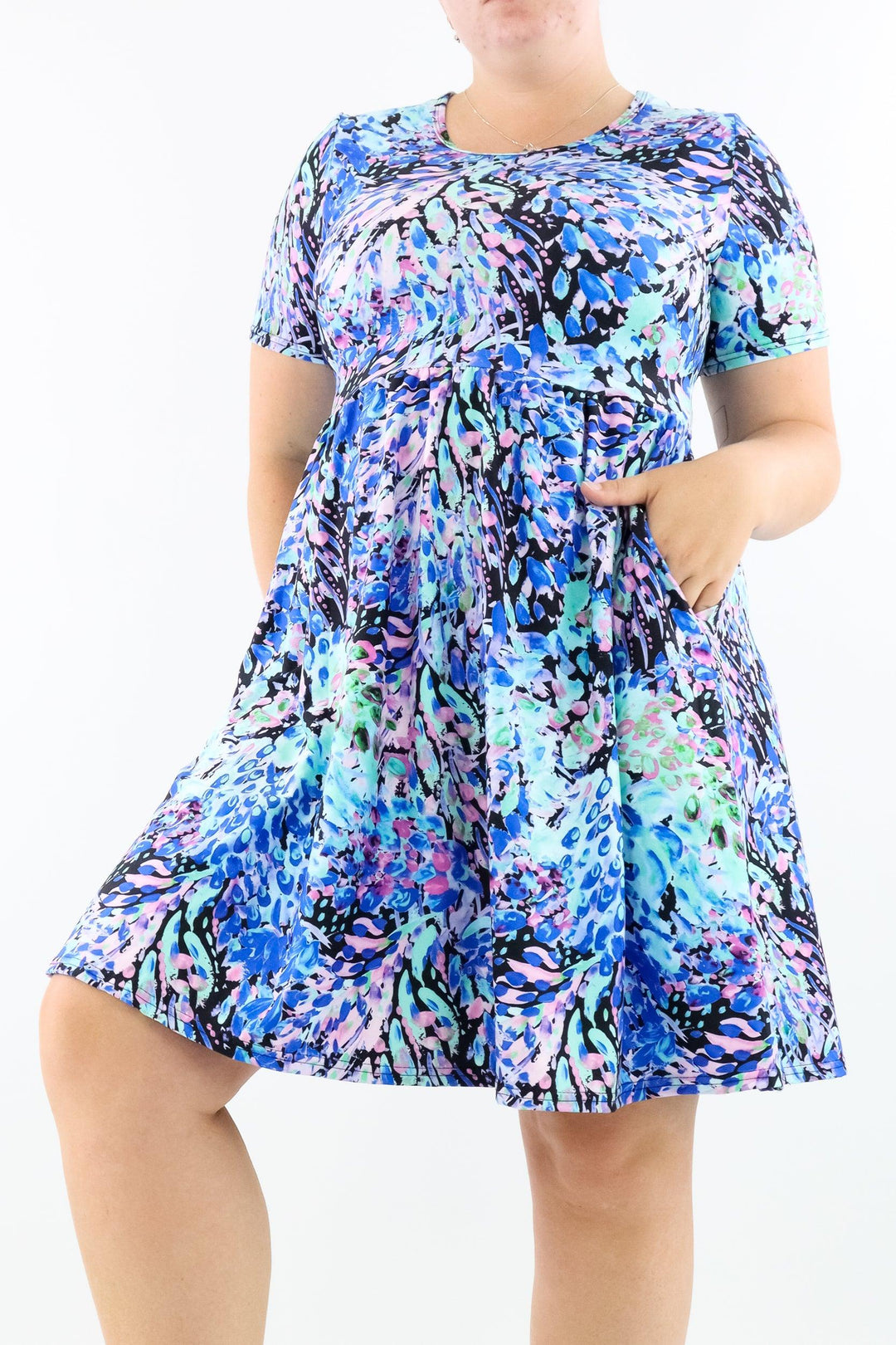 Watercolour Peacock - Short Sleeve Skater Dress - Knee Length - Side Pockets - Pawlie