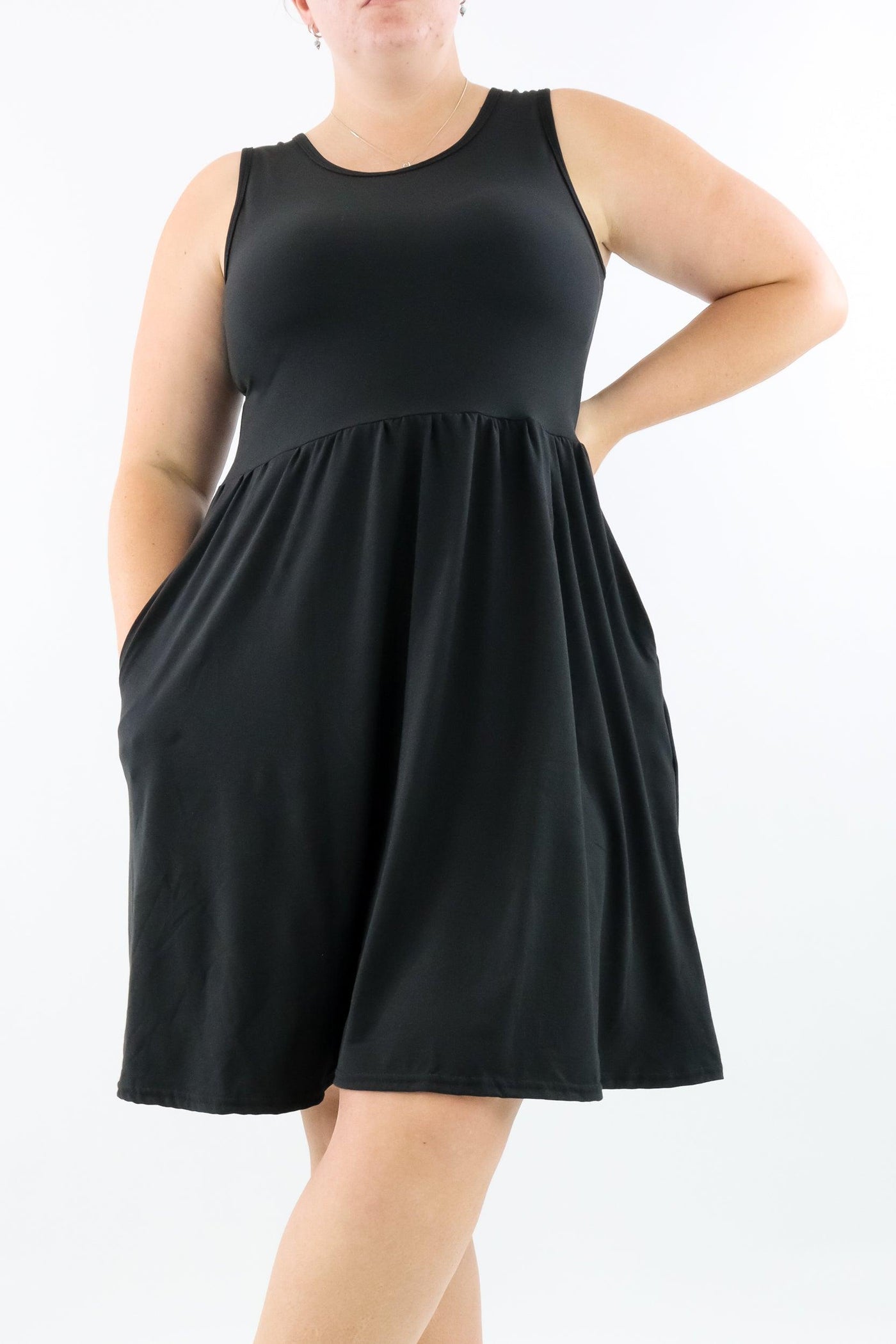 Black - Sleeveless Skater Dress - Knee Length - Side Pockets - Pawlie