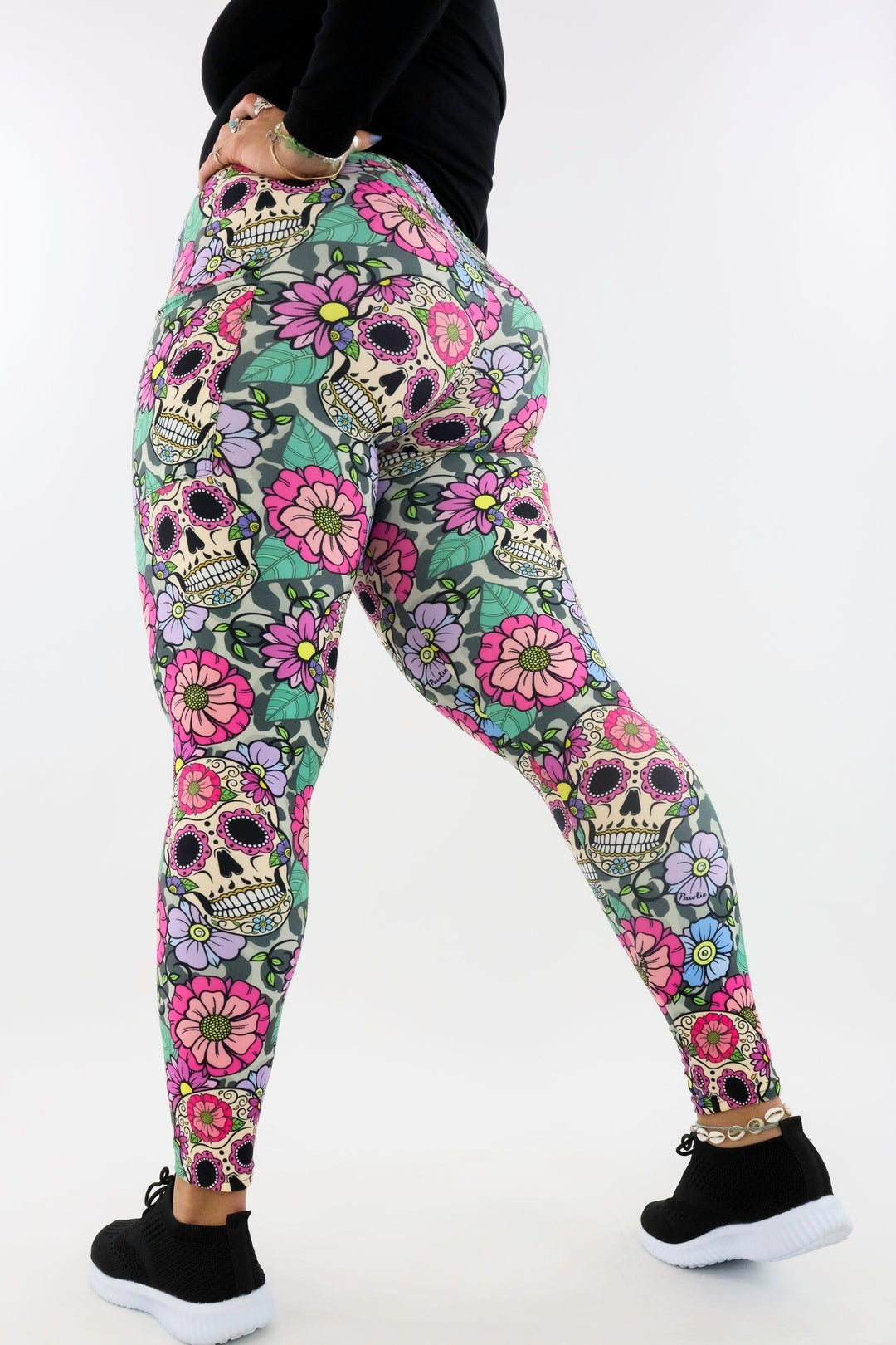 Sugar Skull Flowers 2.0 - Casual - Regular Full Leggings - Pockets Casual Full Leggings - Pockets Pawlie   