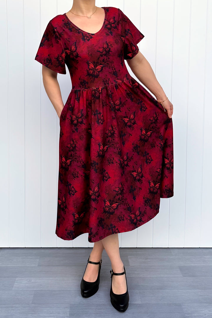 Gothic Butterfly - Midi Dress - Flutter Sleeve - Pockets