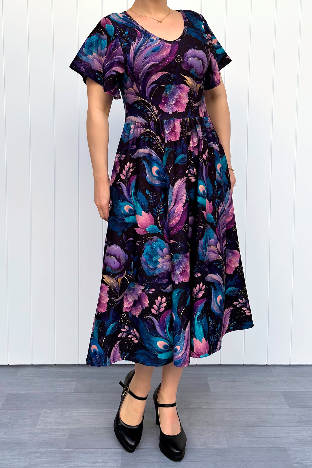 Peacock Petals - Midi Dress - Flutter Sleeve - Pockets
