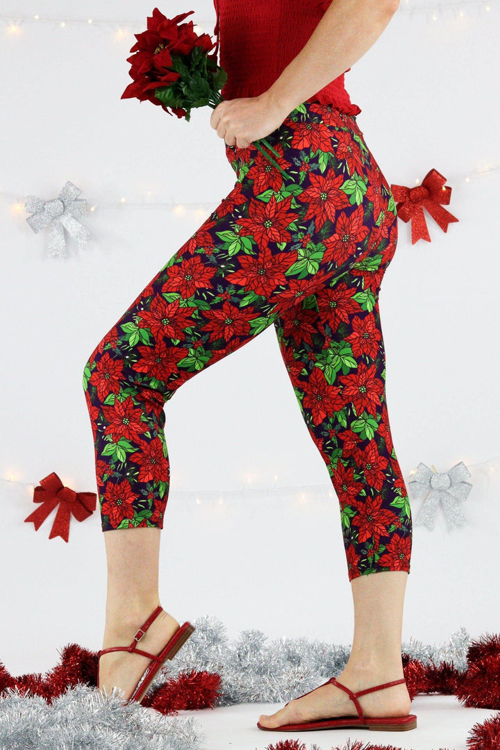 Christmas Poinsettias - Casual Capri Leggings Casual Capri Leggings Pawlie   