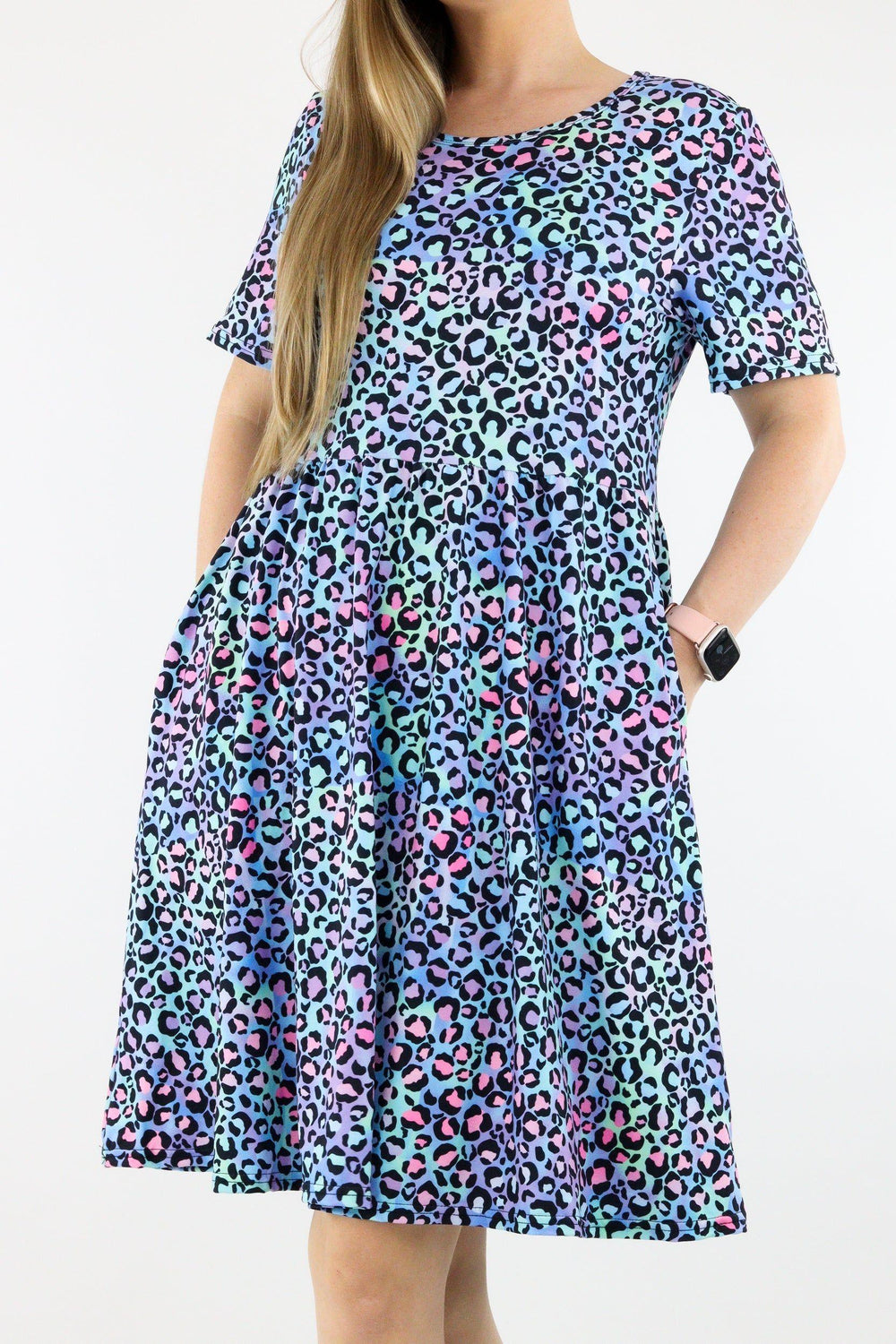 Leopard Sherbert - Short Sleeve Skater Dress - Knee Length - Side Pockets Knee Length Skater Dress Pawlie   