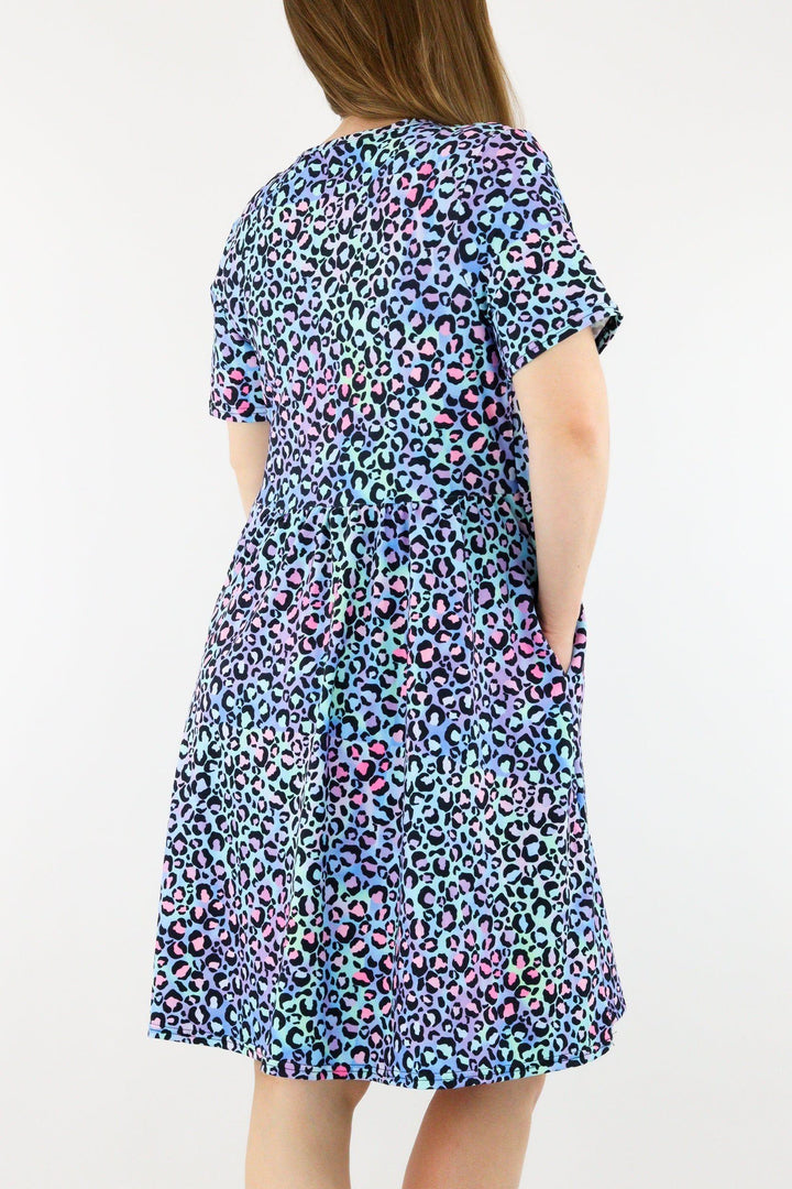 Leopard Sherbert - Short Sleeve Skater Dress - Knee Length - Side Pockets Knee Length Skater Dress Pawlie   