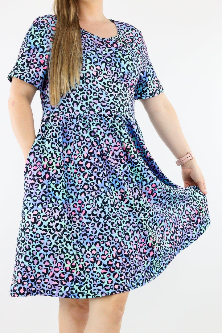 Leopard Sherbert - Short Sleeve Skater Dress - Knee Length - Side Pockets Knee Length Skater Dress Pawlie   