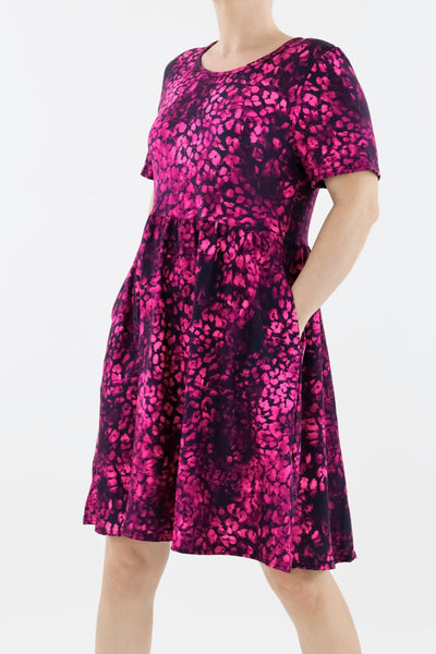 Berry Leopard - Short Sleeve Skater Dress - Knee Length - Side Pockets Knee Length Skater Dress Pawlie   