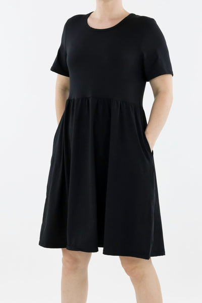 Black - Short Sleeve Skater Dress - Knee Length - Side Pockets Knee Length Skater Dress Pawlie   