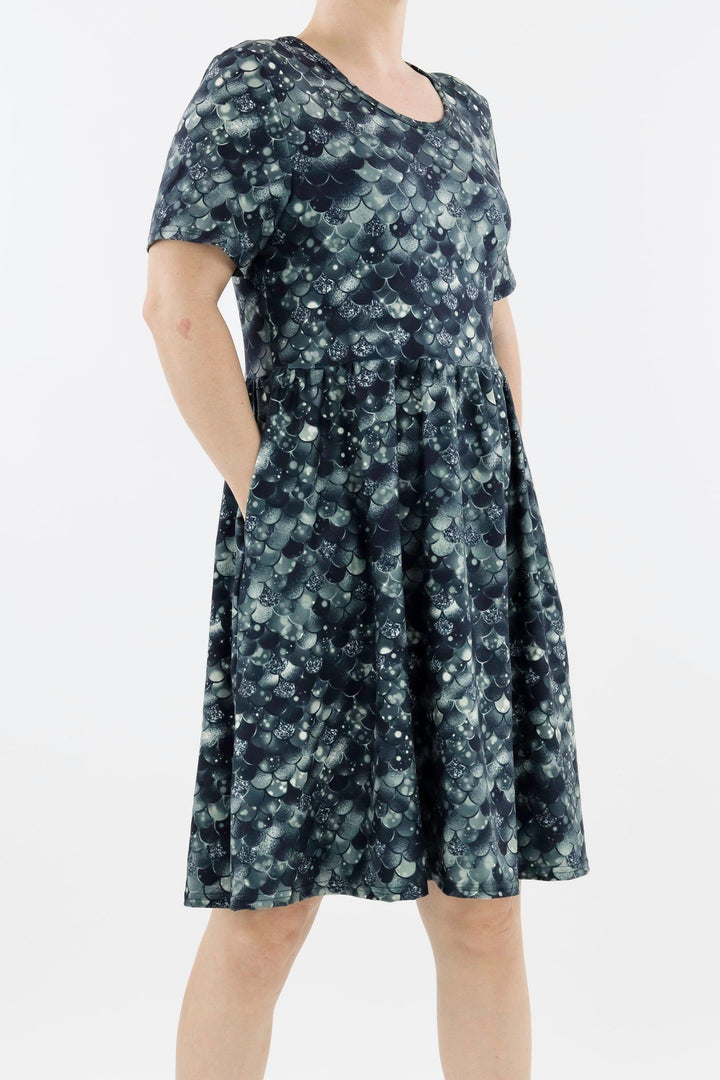 Raven Mermaid - Short Sleeve Skater Dress - Knee Length - Side Pockets Knee Length Skater Dress Pawlie   